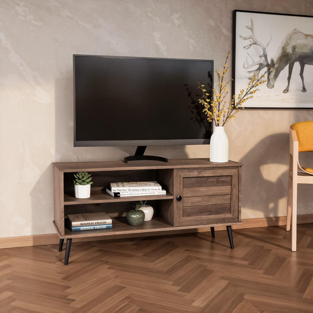 Mueble de TV con Estantes y Puerta Café Oscuro