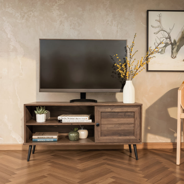 Mueble de TV con Estantes y Puerta Café Oscuro