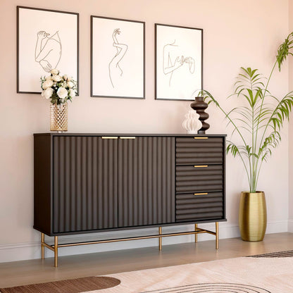 Credenza Bufetera con Puertas y Cajones Diseño Acanalado Negro y Dorado