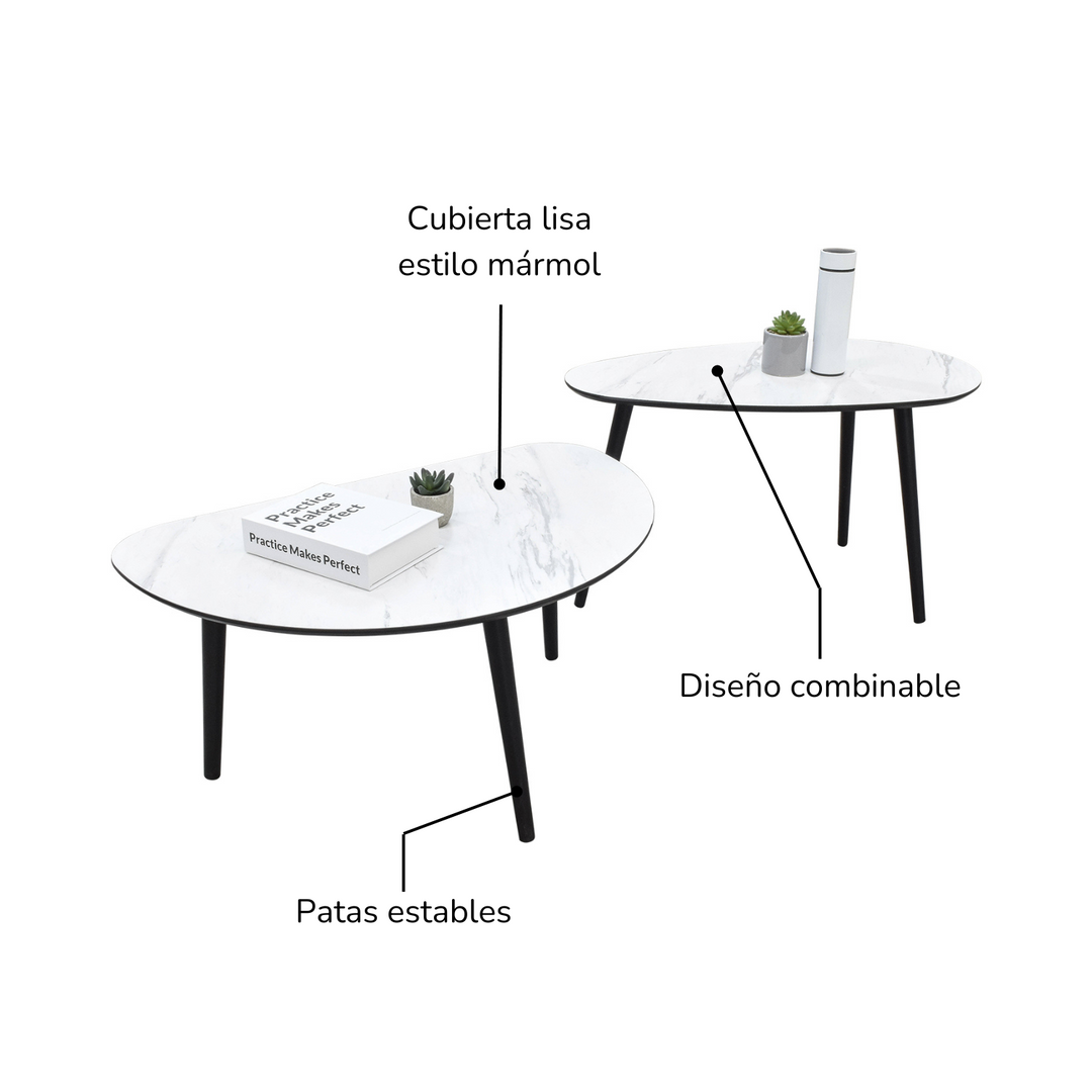 Set Mesas de Centro Catte 2 Piezas Tipo Mármol Blanco