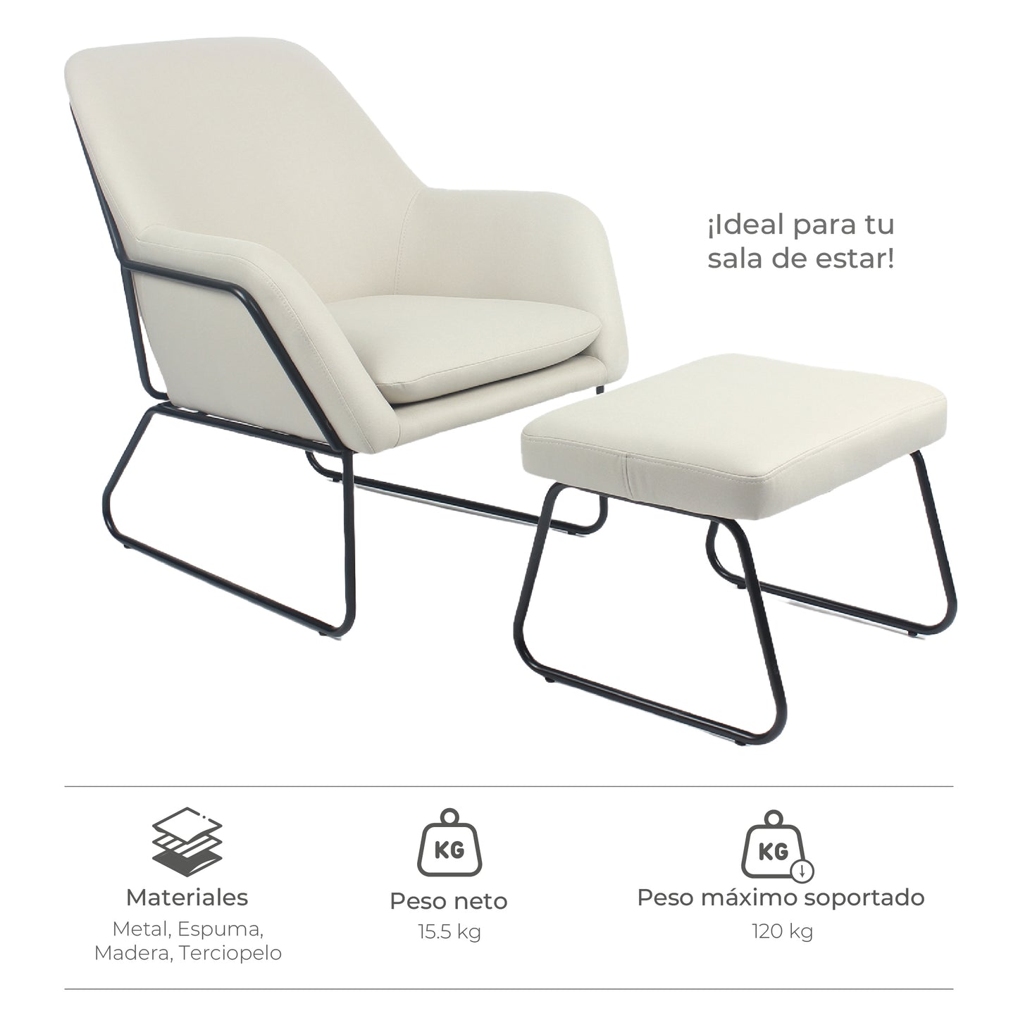 Sillón Individual con Taburete Reposapiés Terciopelo Beige