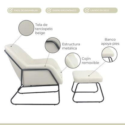 Sillón Individual con Taburete Reposapiés Terciopelo Beige
