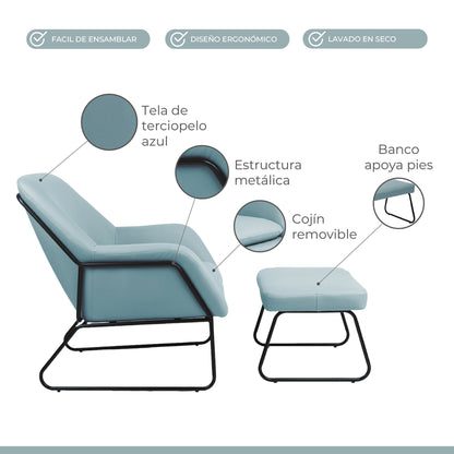 Sillón Individual con Taburete Reposapiés Terciopelo Azul
