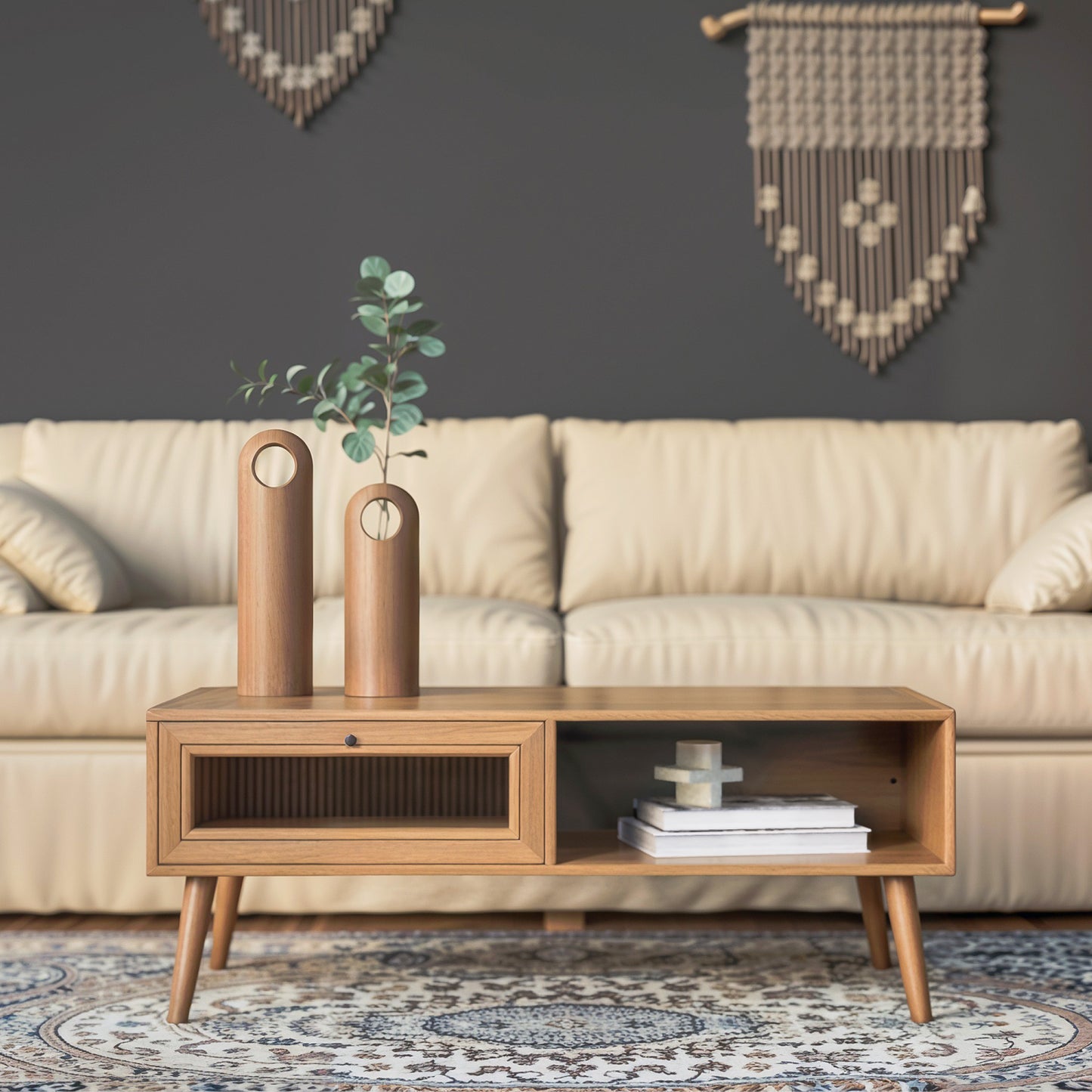 Mesa de Centro con Estante y Cajón de Vidrio