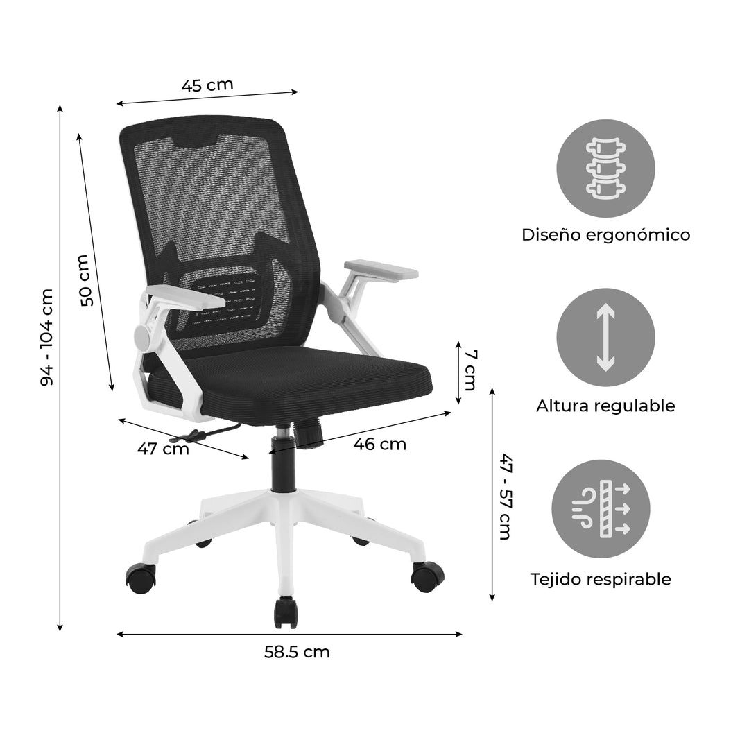 Silla de Oficina Ergonómica Brazos Abatibles Blanca y Negra