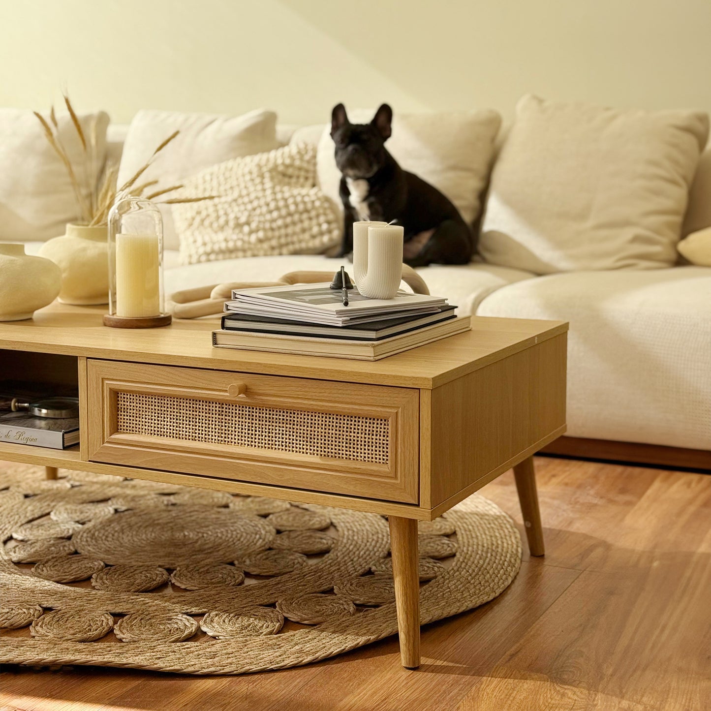 Mesa de Centro con Estante y Cajón de Ratán